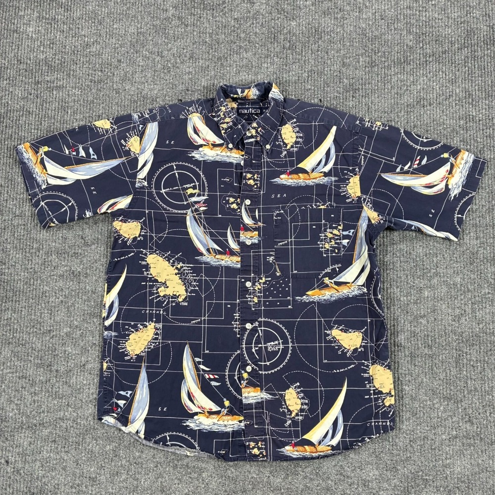 Nautica Mens Button Down Shirt M Blue Sailboat Map Print Short Sleeve Cotton